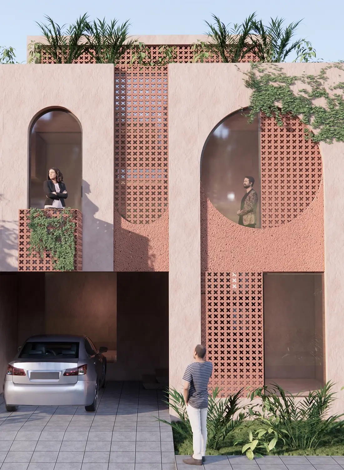 Exterior view of a modern house design featuring arched windows, terracotta render, patterned brickwork, integrated planters, and a driveway. This residential architecture showcases a contemporary style.