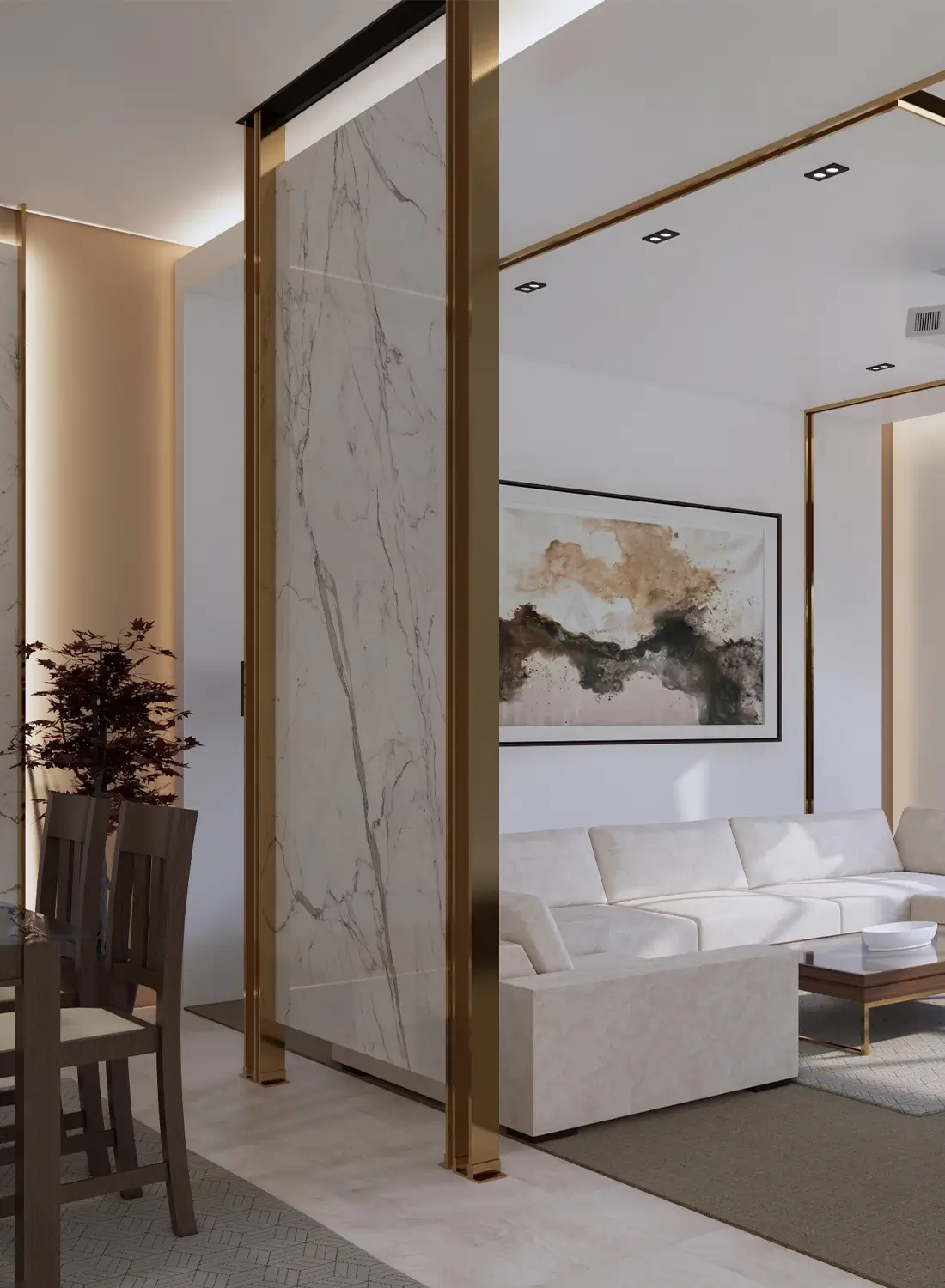 Minimalist interior design of a lounge and dining room in Rawal Town, Islamabad, featuring neutral tones and a marble feature wall.