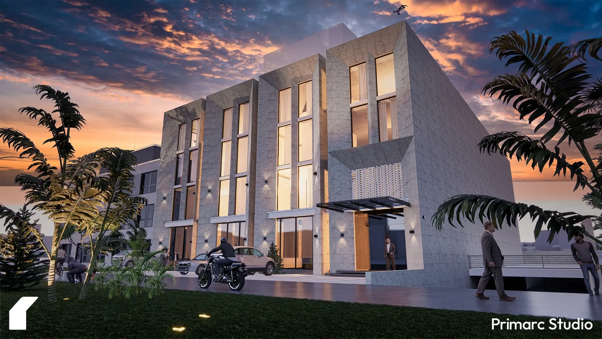 Angled view of Gerry's new commercial building in Islamabad, designed by Primarc Studio. The image highlights the building's scale, parking area, and modern architectural design intended for both integrated operations and multi-tenancy.
