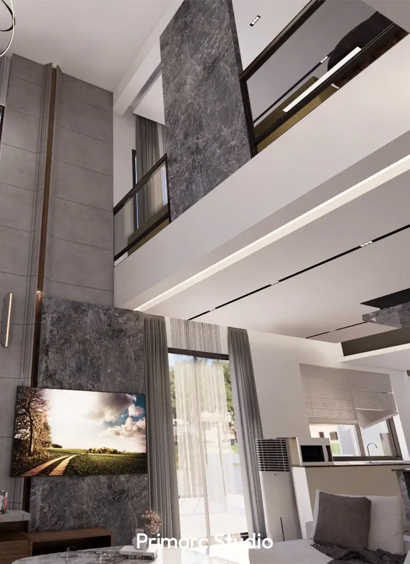 Modern residential interior design of a spacious living area in a 1 Kanal house in Gulberg Residencia, Islamabad, featuring a double-height ceiling, large windows, and a marble-clad TV wall. A completed interior design project by Primarc Studio." (Incorporates: Modern residential interior design, 1 Kanal house, Gulberg Residencia, Islamabad, completed interior design project, Primarc Studio)