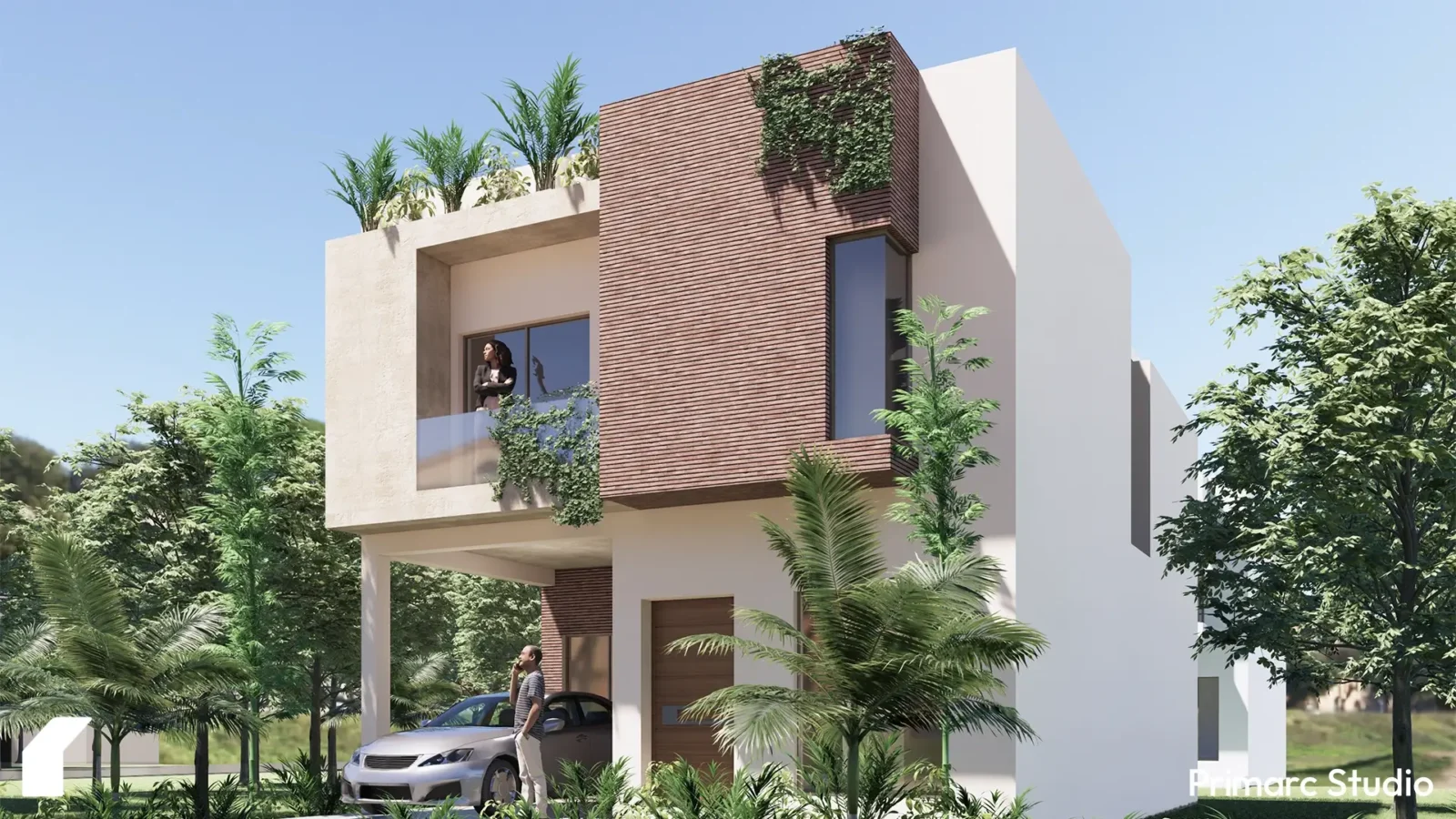 Exterior view of a modern 5 marla house after a significant renovation and redesign by Primarc Studio in B-17, Rawalpindi. The image showcases the contemporary architectural style and improved aesthetic appeal of this residential property.