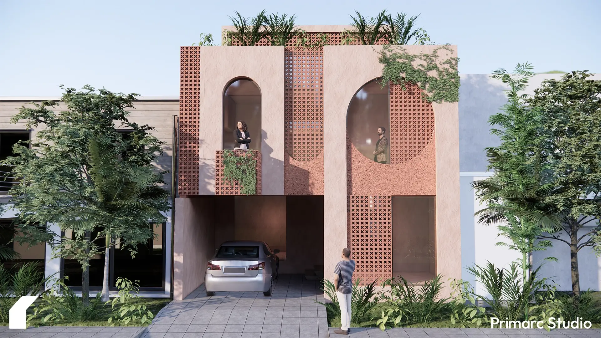 Front elevation of a residential house exterior with arched openings, patterned brickwork, and integrated green spaces. The design combines modern house design with natural elements.