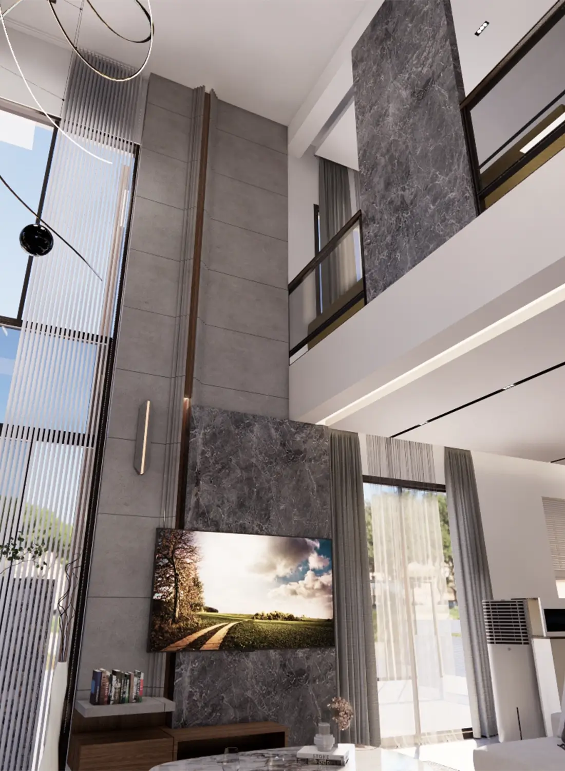 Detail of the interior design for Asad Ullah Khan's house in Gulberg Residencia, showing the living area with large windows, a prominent TV wall, and the upper level railing. An example of residential interior design in Islamabad." (Incorporates: interior design for Asad Ullah Khan's house, Gulberg Residencia, residential interior design, Islamabad)