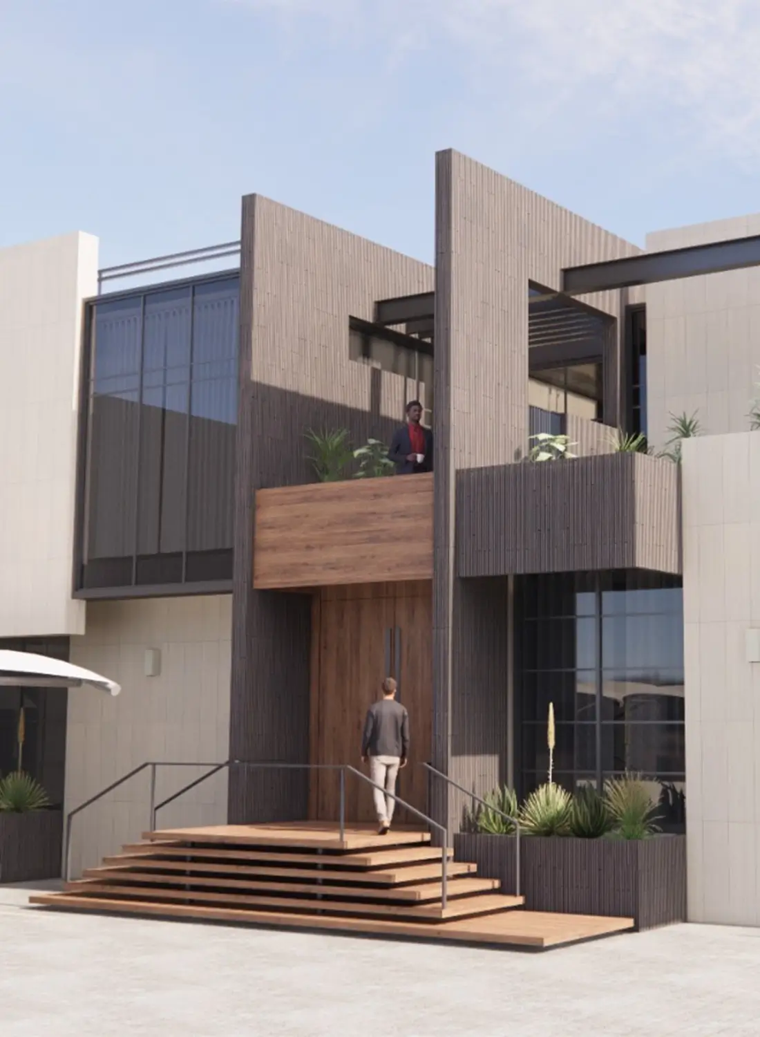 Architectural rendering of a luxury residential renovation project in Golra Sharif, Rawalpindi. The image features the prominent stepped entrance design and the renovated facade with modern tile and stone cladding. This House Design by Primarc Studio includes a first floor addition and space optimization, part of a 21 marla house renovation in the Twin Cities of Islamabad Rawalpindi.