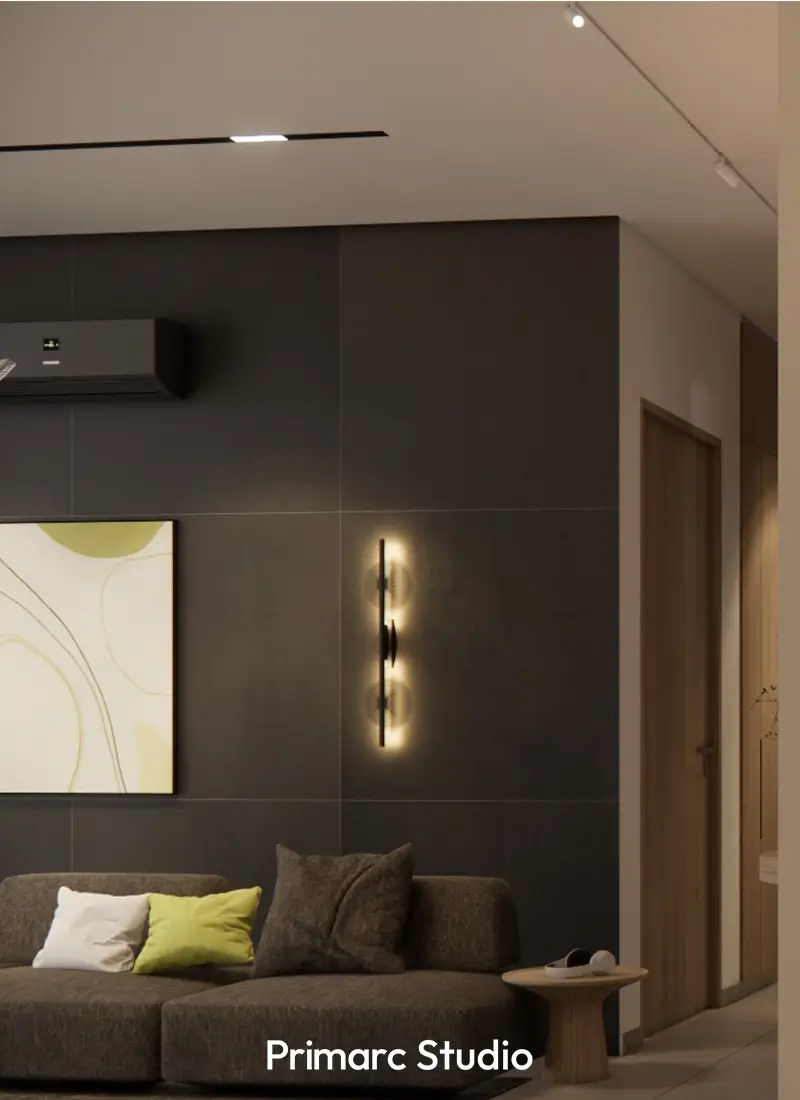 Detailed view of a stylish apartment interior in Gulberg Greens, Islamabad, part of the Skypark Apartments project. Features comfortable seating, modern wall lights, and contemporary decor elements, perfect for showcasing apartment design ideas and interior design in Islamabad.
