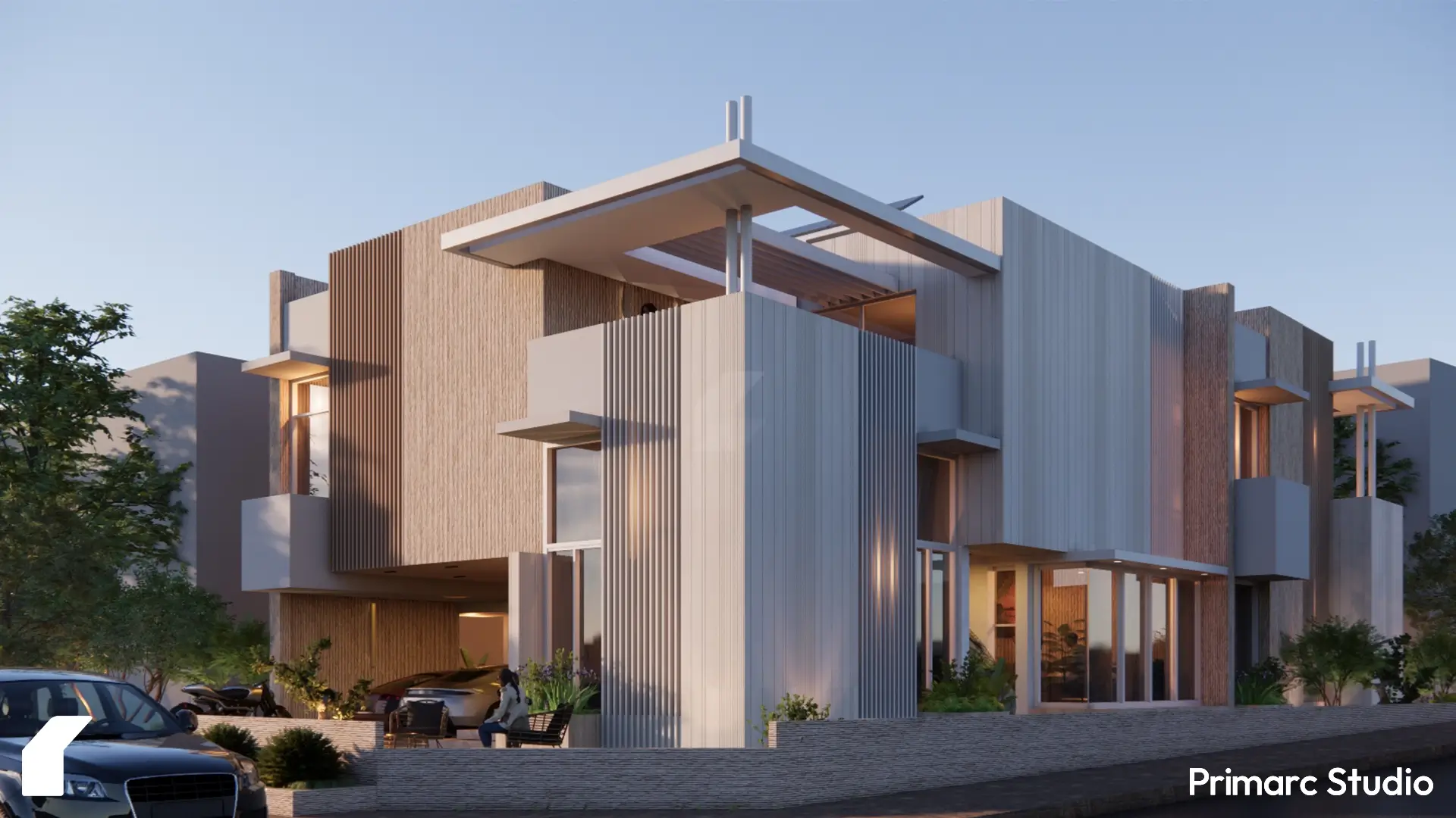 Front elevation of a 1 kanal modern house in Gulberg Residencia, Islamabad, featuring clean lines and glass.