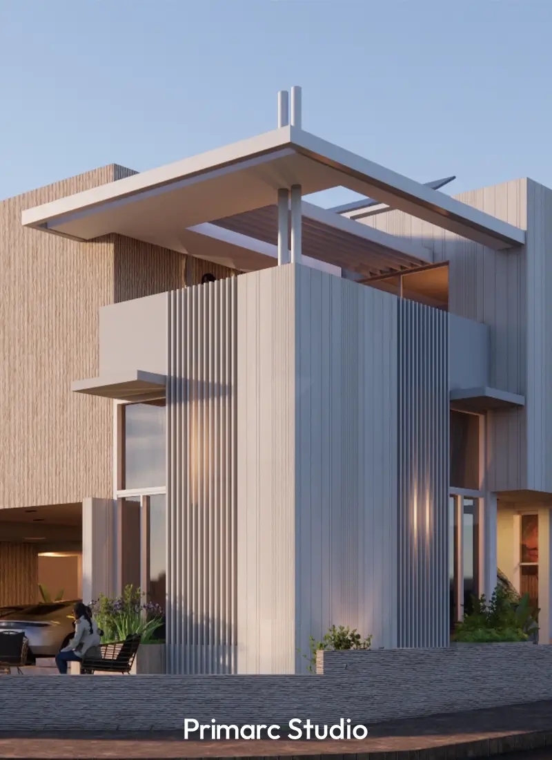 Front elevation of a 1 kanal modern house in Gulberg Residencia, Islamabad, featuring clean lines and glass.