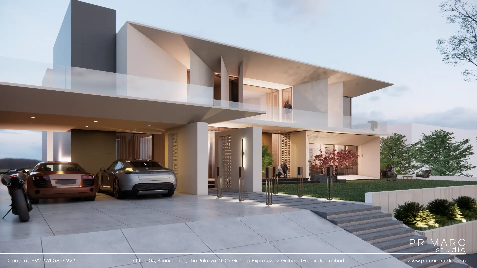 The striking exterior of Akram House, a 2 kanal modern home in Naval Anchorage, showcasing a multi-level design with large glass windows and a patterned entrance gate.