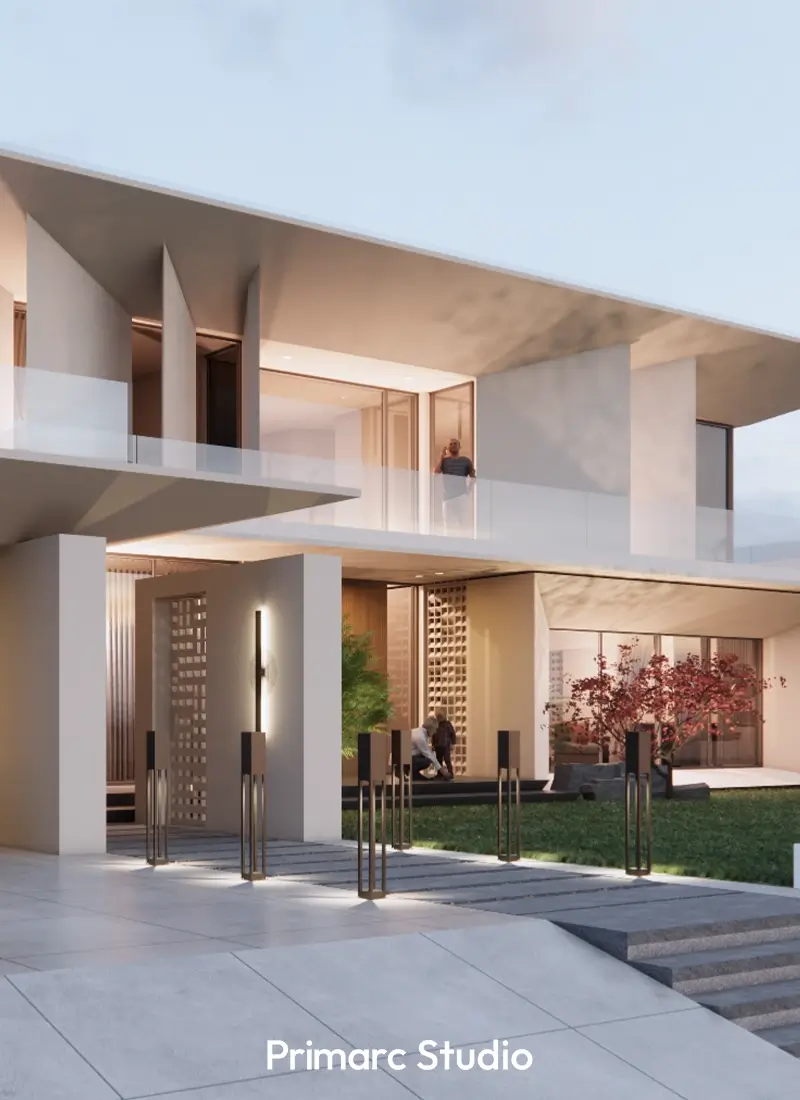 A view of a luxury 2 kanal house design in Naval Anchorage, with a grand entrance, landscaped front yard, and an illuminated facade creating a welcoming ambiance.