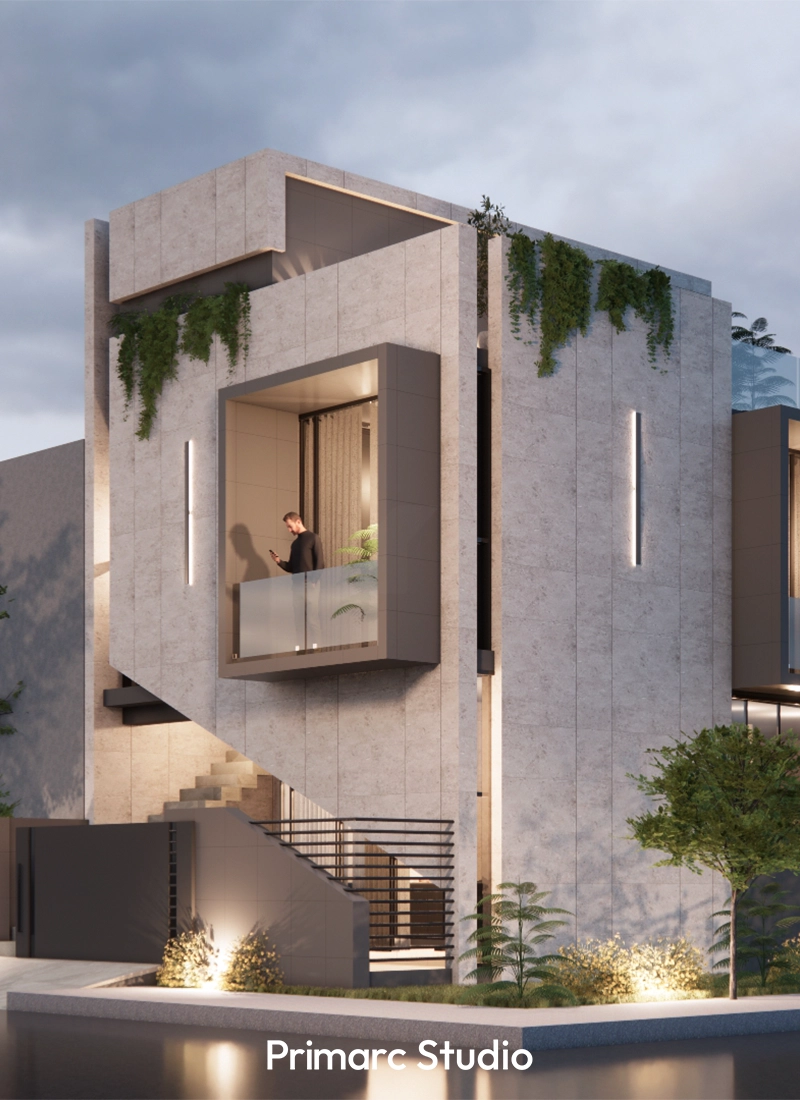 A contemporary protruding balcony on the 5 marla house in I-9, Islamabad, illuminated at twilight to showcase its modern architectural style.