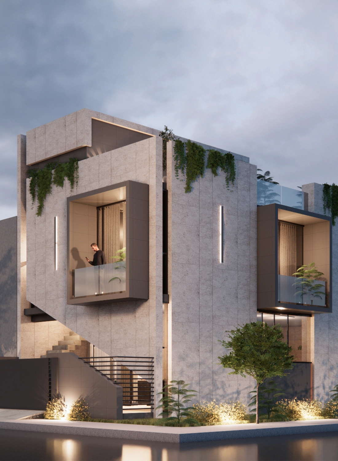 Detailed corner view of the 5 marla Islamabad house design, highlighting the modern concrete texture, hanging ivy, and dual cantilevered balconies.