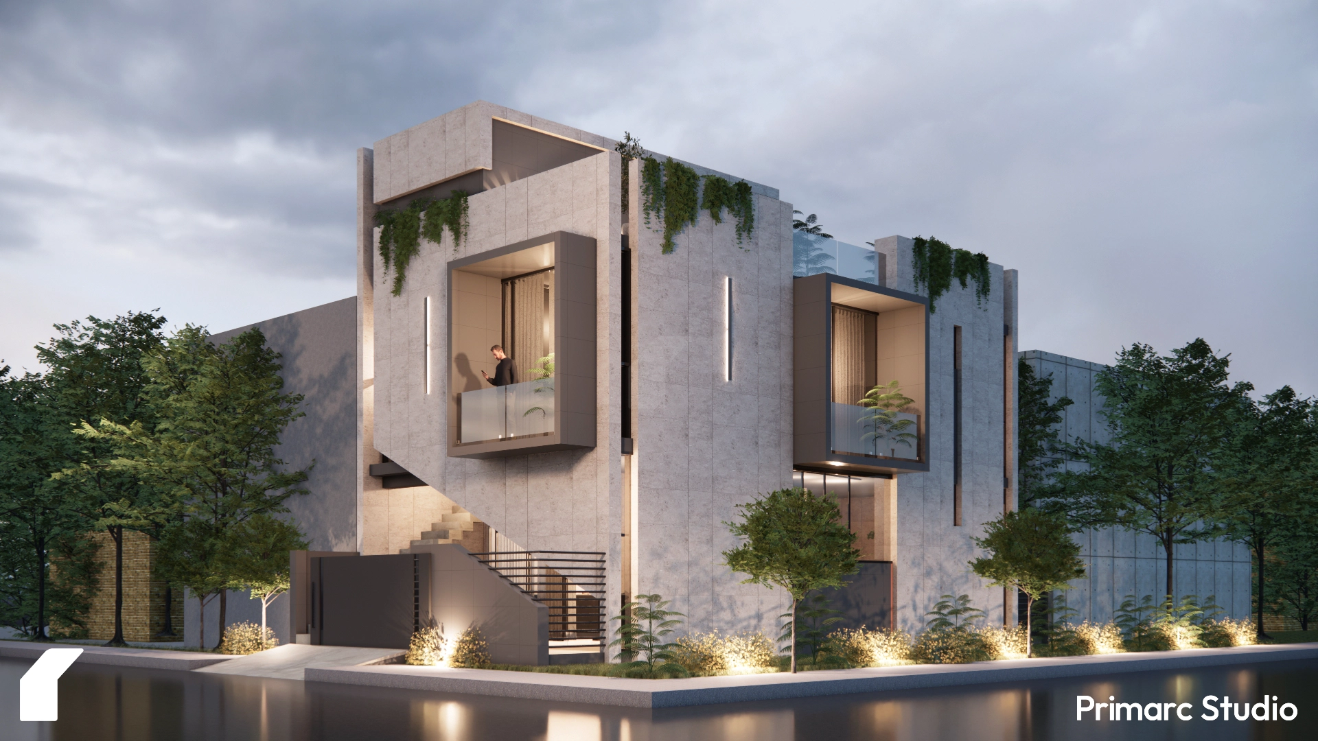 Angled dusk view of a modern 5 marla corner house renovation in I-9, Islamabad, showcasing its concrete facade, integrated lighting, and protruding balconies.