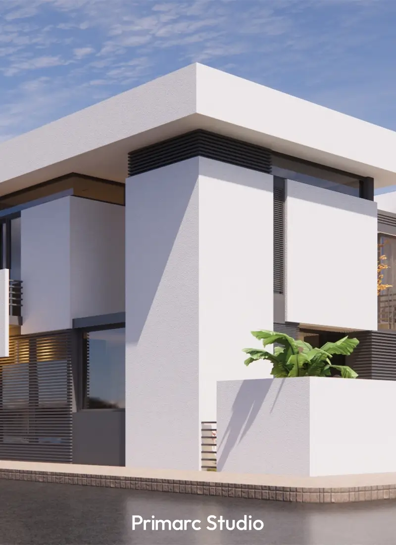 Full front elevation of a modern 10 marla residence, a villa design featuring cantilevered roofs, recessed glazing, and an open car porch. A potential house for sale in B-17, Islamabad.