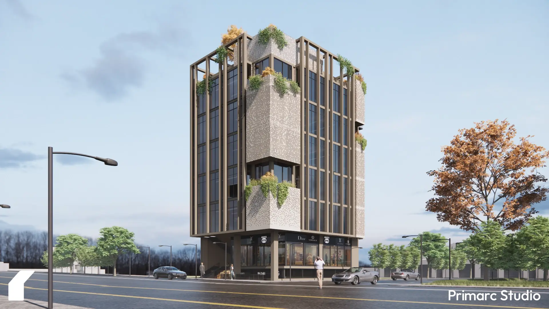 A wide landscape view of a modern commercial building by Primarc Studio, showing its placement on a city road in Islamabad, surrounded by trees and traffic.