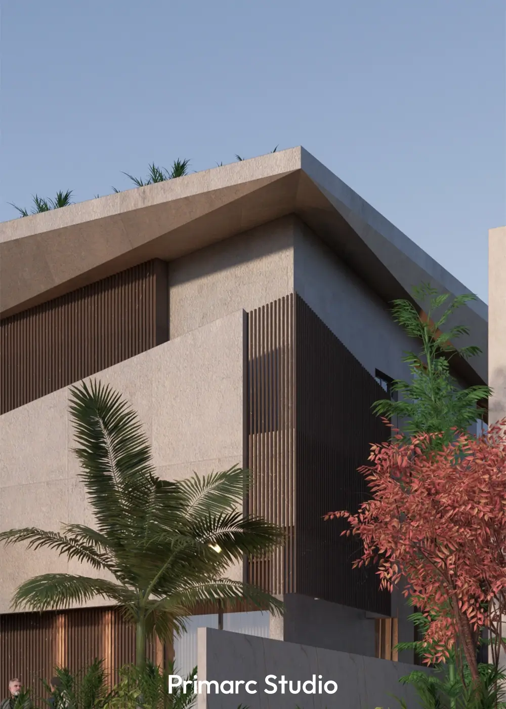 Custom façade design DHA Phase 2 Islamabad with vertical louvers, textured walls, and modern architectural details.