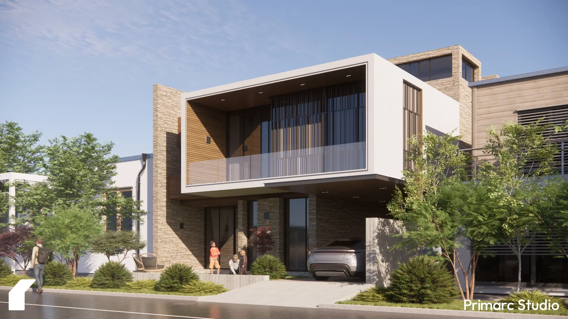 Exterior view of a modern 14 marla house in G-9, Islamabad, featuring a white geometric frame, glass railings, and a covered car porch.