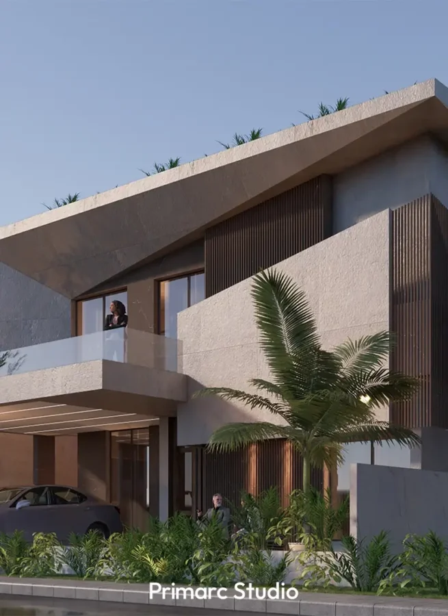 Front view of a modern home by Primarc Studio, highlighting the dramatic angled roof, a person standing on the balcony, and the mix of concrete and wood textures.