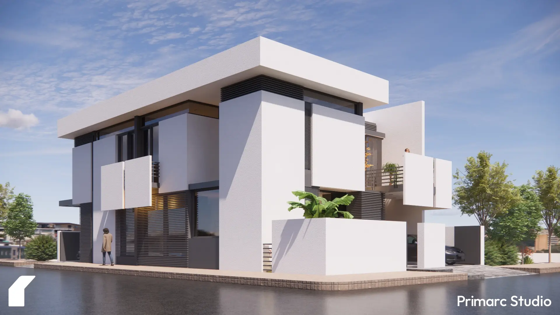 A view of a 35x70 corner house design in B-17 - Islamabad, detailing the white stucco volumes, dark window frames, and an integrated planter, reflecting a modern interior design ethos.
