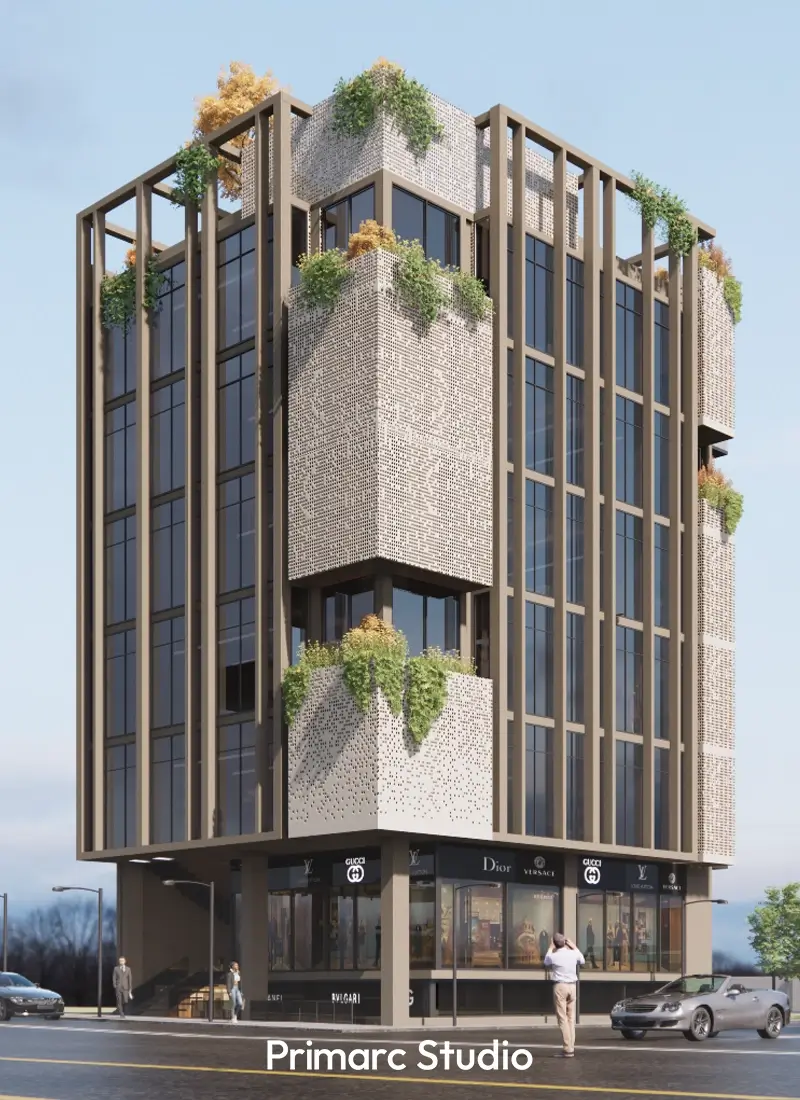 Full view of a multi-story modern commercial building in Islamabad, featuring a glass and structural fin facade, projecting sections with planters, and high-end retail shops at street level.