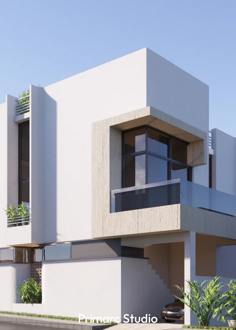 Close-up focusing on the upper architectural elements of a modern corner house in B-17, Islamabad (30x60 plot), showing a cantilevered section and a balcony with glass railings.