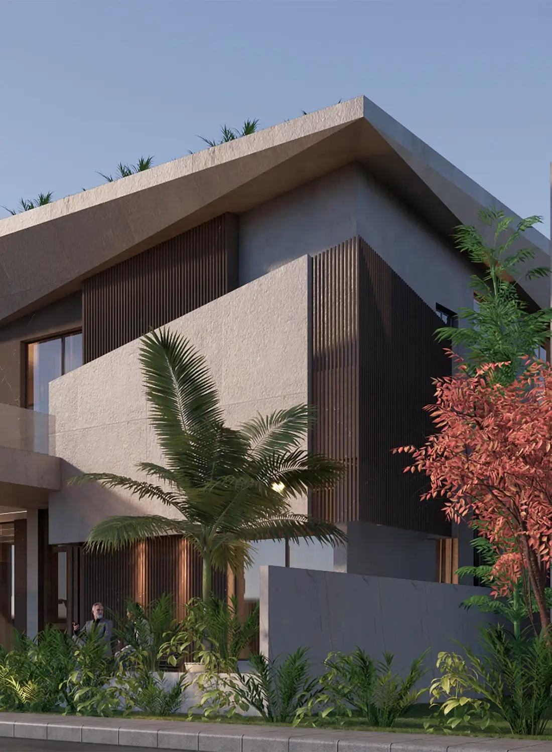 A close-up view of a modern house facade, showing the texture of the concrete walls, dark vertical wooden slats, and lush tropical landscaping in the foreground.