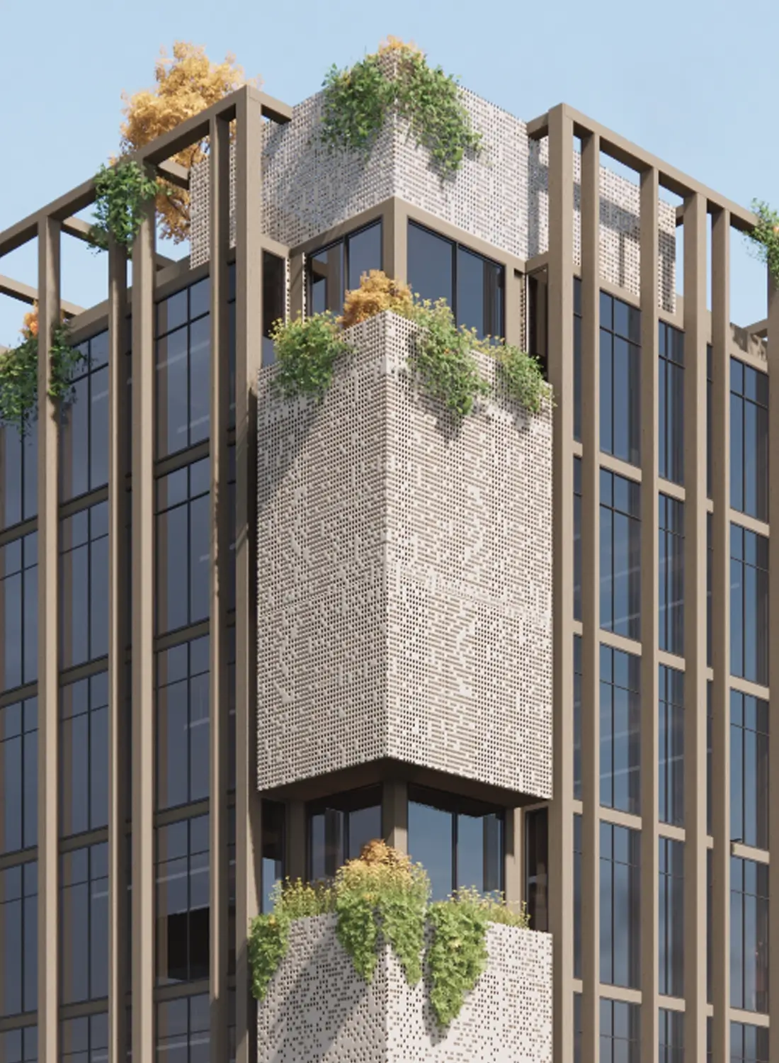 A detailed shot of the corner of a contemporary building, highlighting its white perforated cladding, large windows, and balconies with integrated greenery.