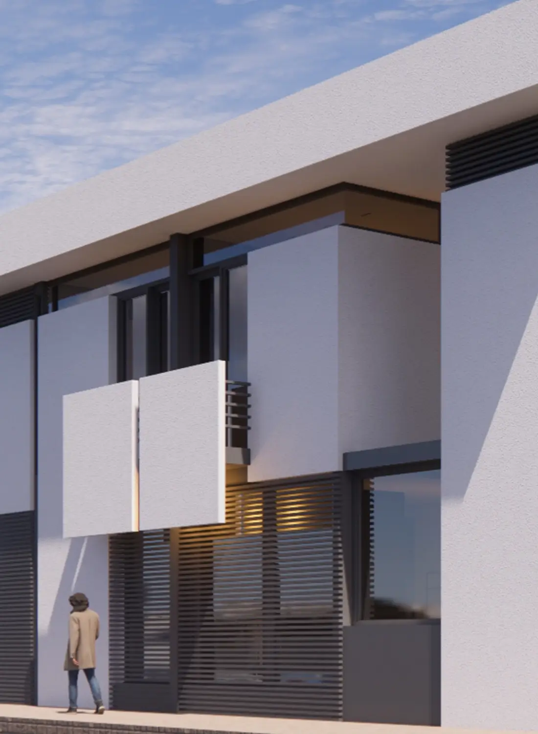 Full front elevation of a modern 10 marla residence in B-17 - Islamabad, a villa design featuring cantilevered roofs, recessed glazing, and an open car porch. A potential house for sale.