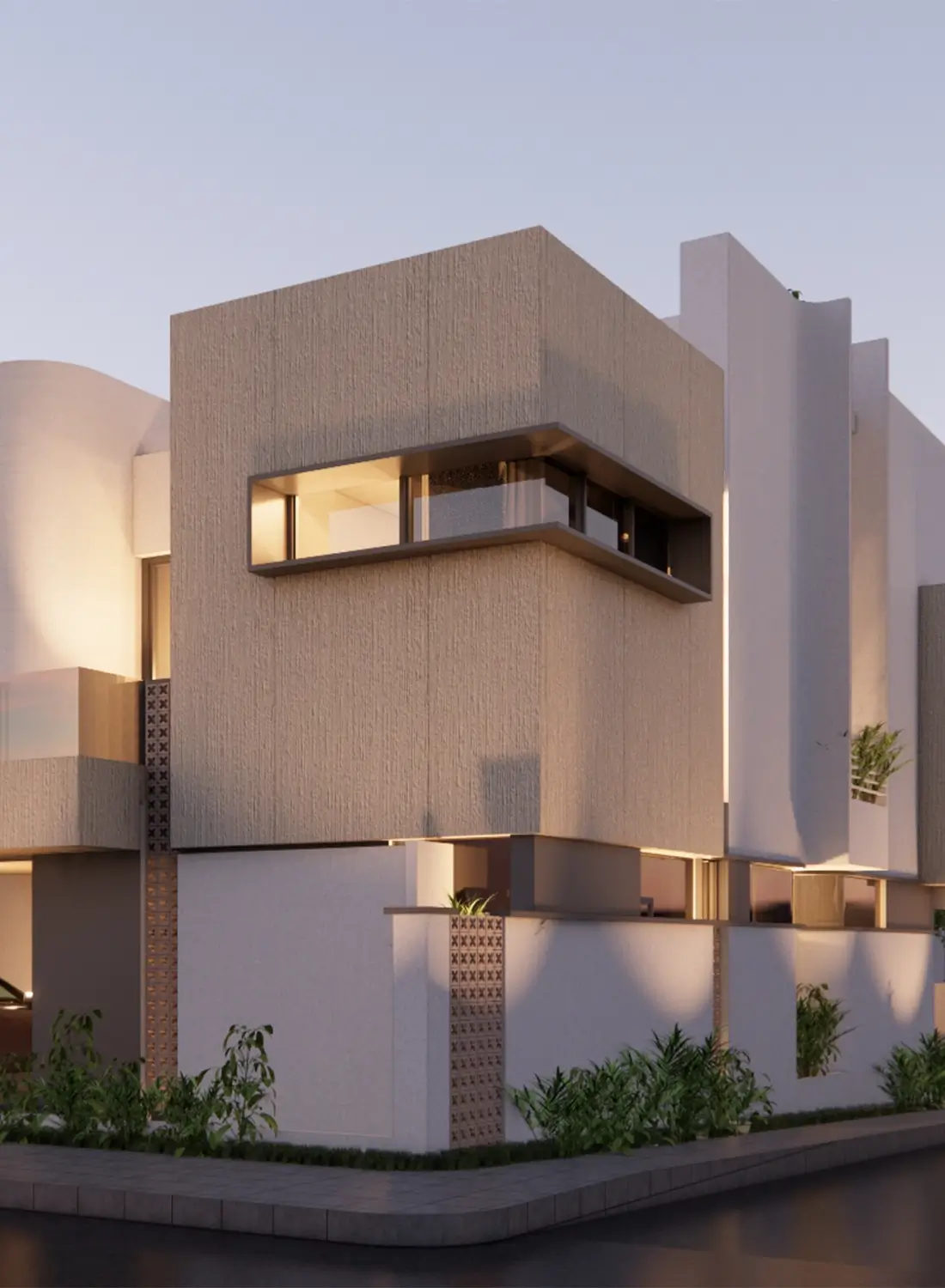 Low-angle evening view of a modern corner house in B-17, Islamabad (30x60 plot), showcasing a combination of textured light brown and smooth white wall finishes, with visible interior lighting through large windows.