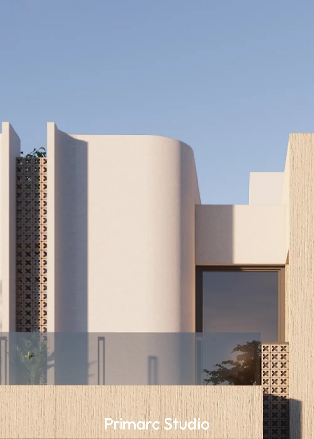 A close-up view of a 30x60 corner house in B-17, Islamabad, highlighting the textural contrast between the vertically-grooved beige finish and the smooth white vertical facade element.