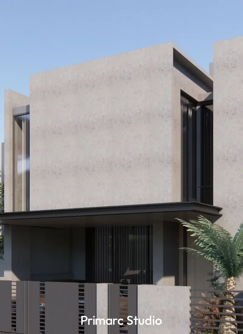 A close-up, portrait view focusing on the upper facade details of a 7 marla house design in FMC, Islamabad, showing the concrete texture and window placement.