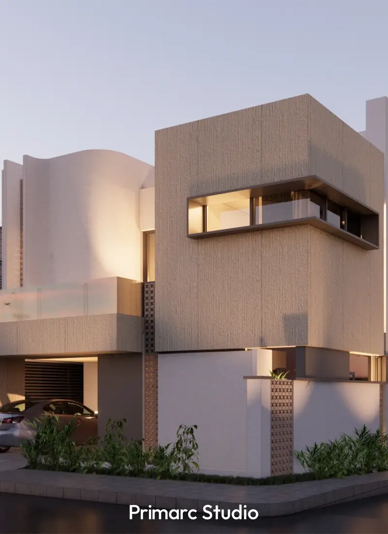 Close-up of the front facade of a modern corner house in B-17, Islamabad (30x60 plot), emphasizing the interplay between the textured light brown cubic volume and the adjacent smooth white surfaces.