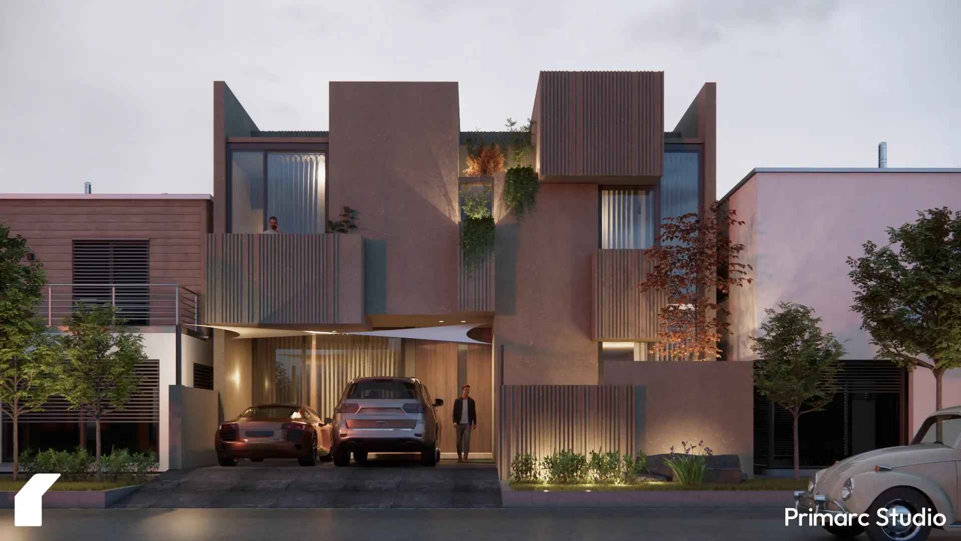 Front facade of a modern 35x70 house in Block B, Faisal Hills, Rawalpindi. This architectural design by Primarc Studio features a geometric structure, covered parking, and accent lighting.