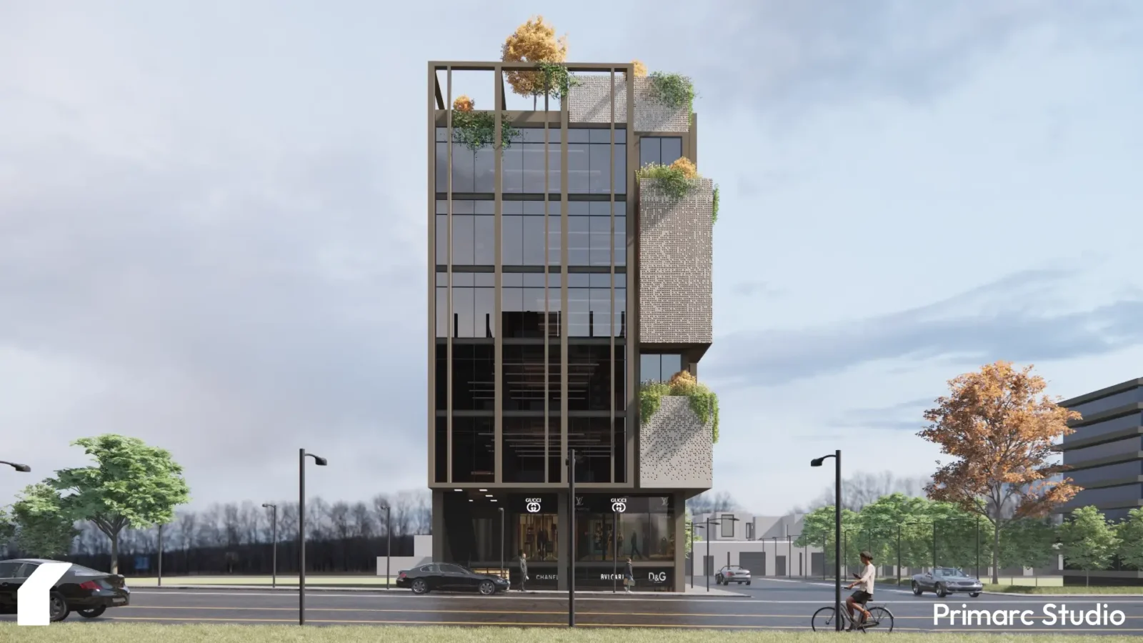 A straight-on front view of a contemporary multi-story commercial building designed by Primarc Studio, with a cyclist and cars on the street below.