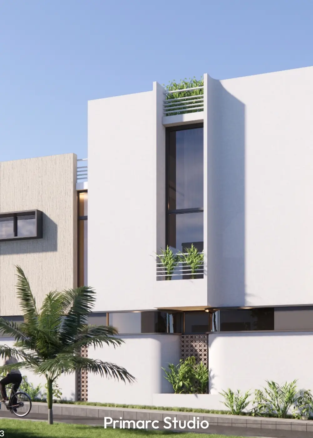 Detailed view of the front architectural composition of a modern corner house on a 30x60 plot in B-17, Islamabad, emphasizing the verticality and interplay of different surface textures.