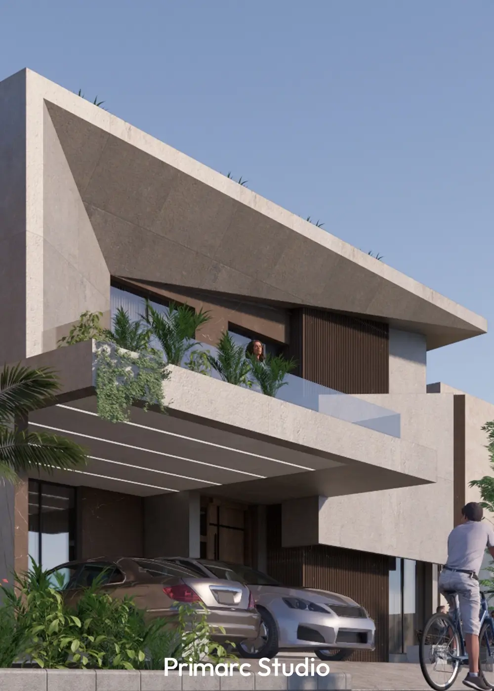 Contemporary house design DHA Phase 2 Islamabad showing cantilevered roof, car porch, and landscaped entry designed by Primarc Studio.