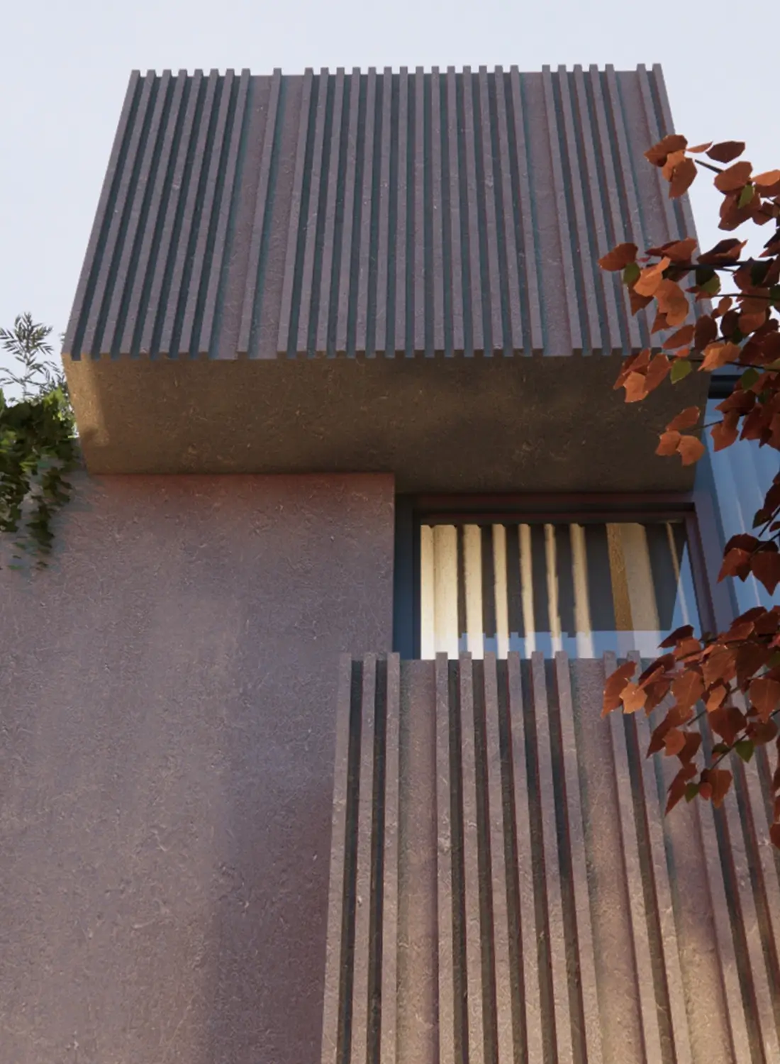 A detailed close-up of the architectural facade materials on a modern 10 marla home in Faisal Hills. Showcases the fluted wooden panels and textured concrete finish designed by the architects at Primarc Studio.