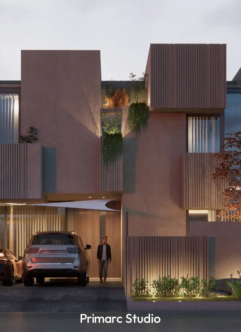 A close-up view of the entrance of a modern home in Faisal Hills, Rawalpindi. The design for this 35x70 plot includes a sleek carport, wooden door, and integrated planters, a project by Primarc Studio architects.