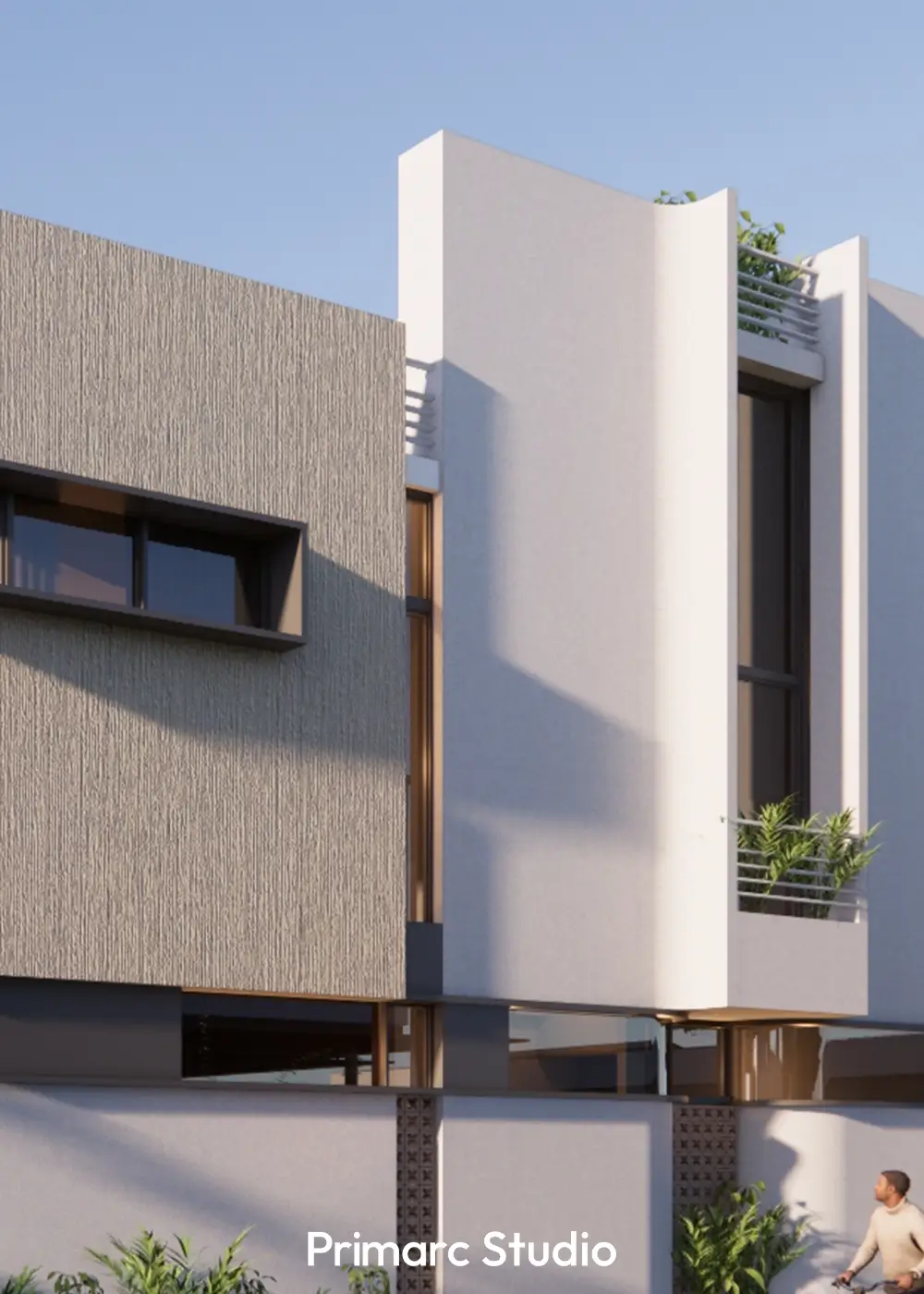 A partial street-level view of a modern corner house in B-17, Islamabad (30x60 plot), showcasing the ground floor detailing, including a glimpse of the entrance and surrounding vegetation.