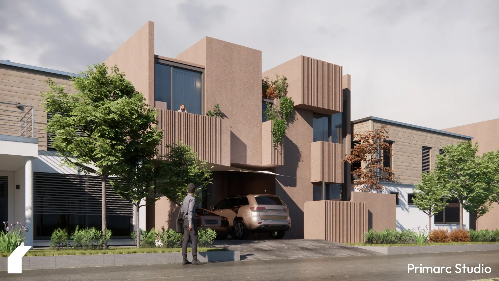 An angled perspective of a modern 35x70 residential project in Faisal Hills, Rawalpindi. This view highlights the sloped driveway and entrance, demonstrating the thoughtful site planning by Primarc Studio.