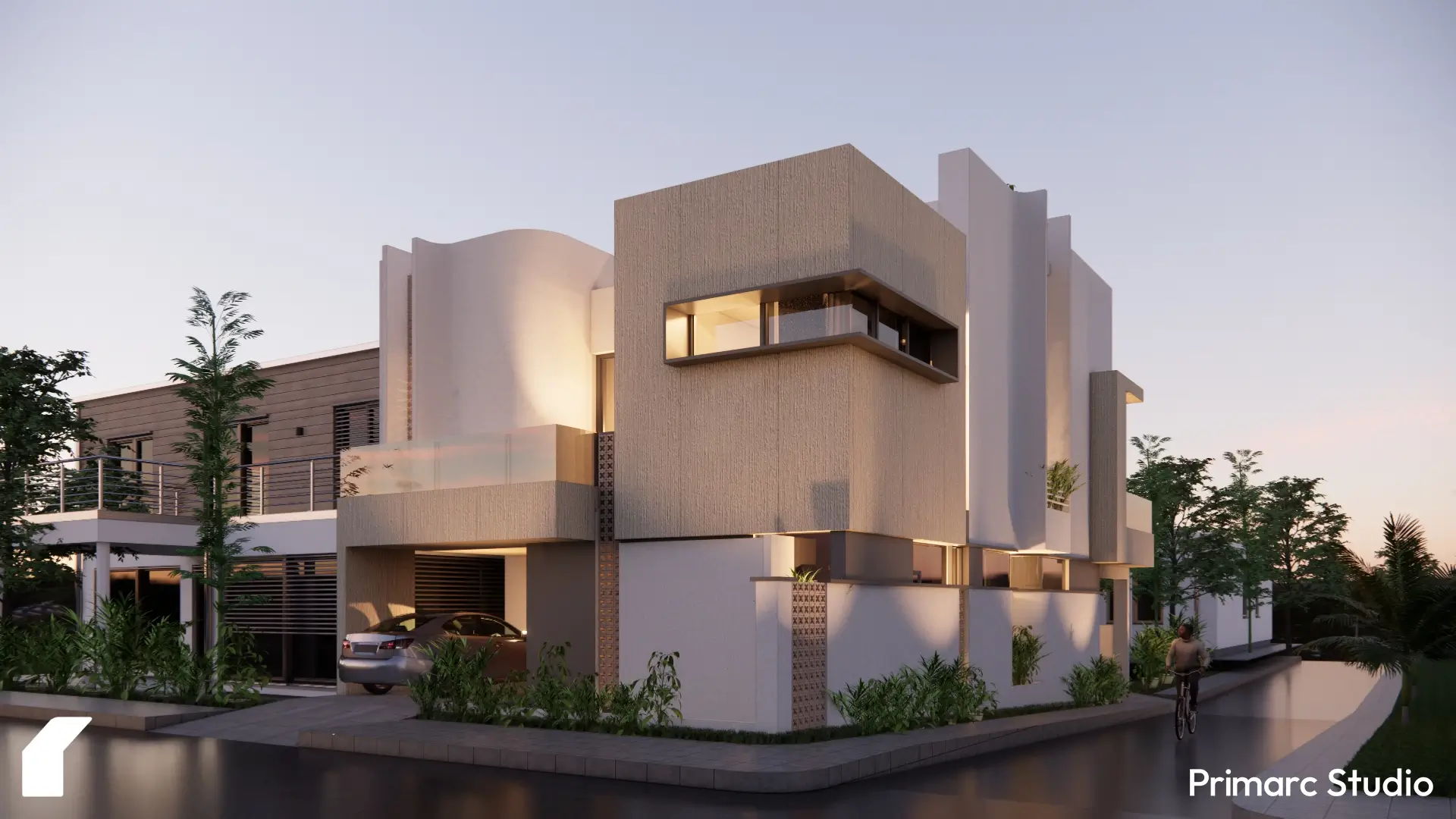 Dusk view capturing the front and side elevations of a contemporary corner house in B-17, Islamabad (30x60 plot), featuring a projecting textured volume, white curved and rectilinear forms, and a glimpse of the carport.