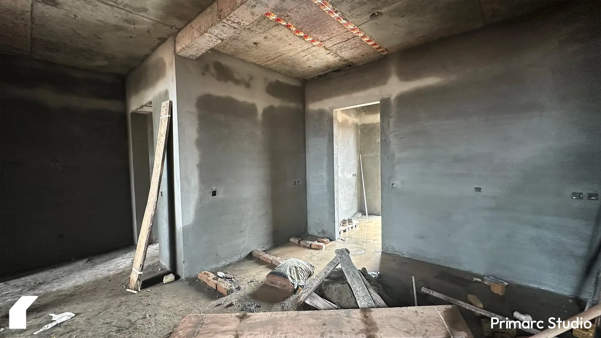 Fresh plaster applied on interior walls of one kanal house under construction in Park View City Islamabad.
