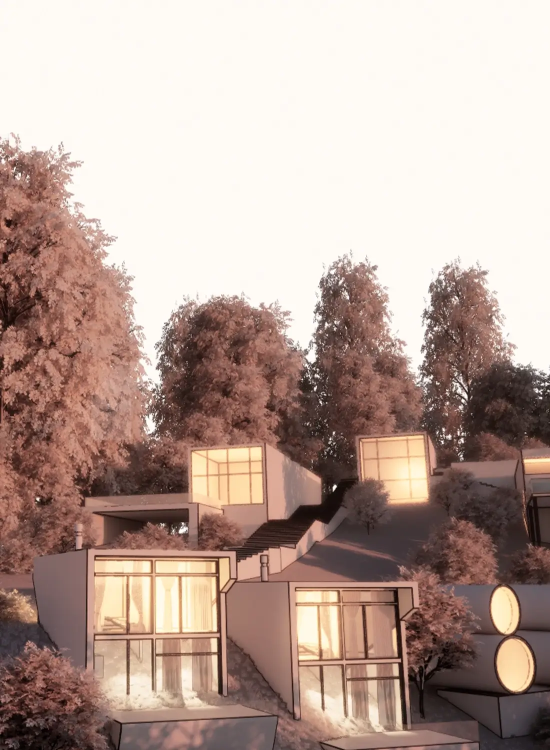 Cluster of modern hillside villas with pod-style units at Talhaar Resort, representing sustainable resort design in Pakistan.