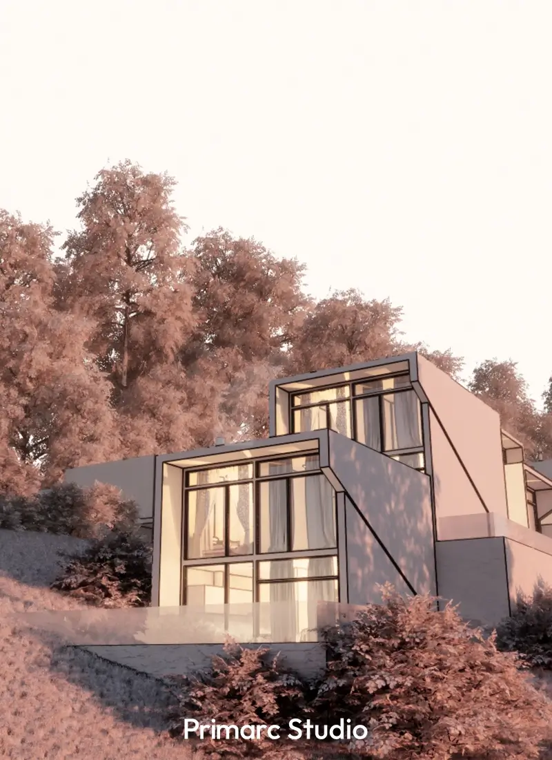 Close-up of a double-height modern villa at Talhaar Resort in Pakistan, highlighting contemporary resort architecture design.