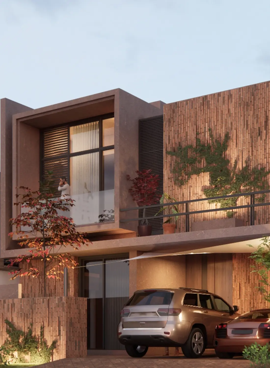 Front elevation of a contemporary 10 Marla house design in B-17 Islamabad by Primarc Studio, featuring brick-textured façade and warm lighting.