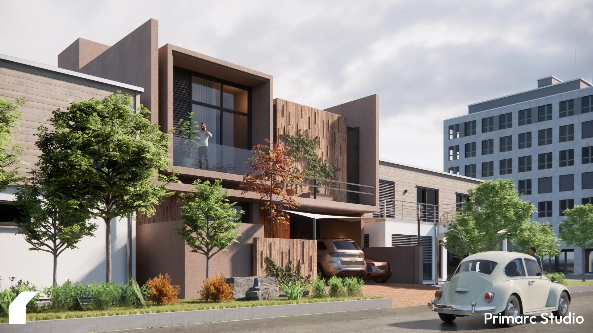 Daytime façade view highlighting the warmth of brick texture, clean architectural lines, and dynamic shadow play.