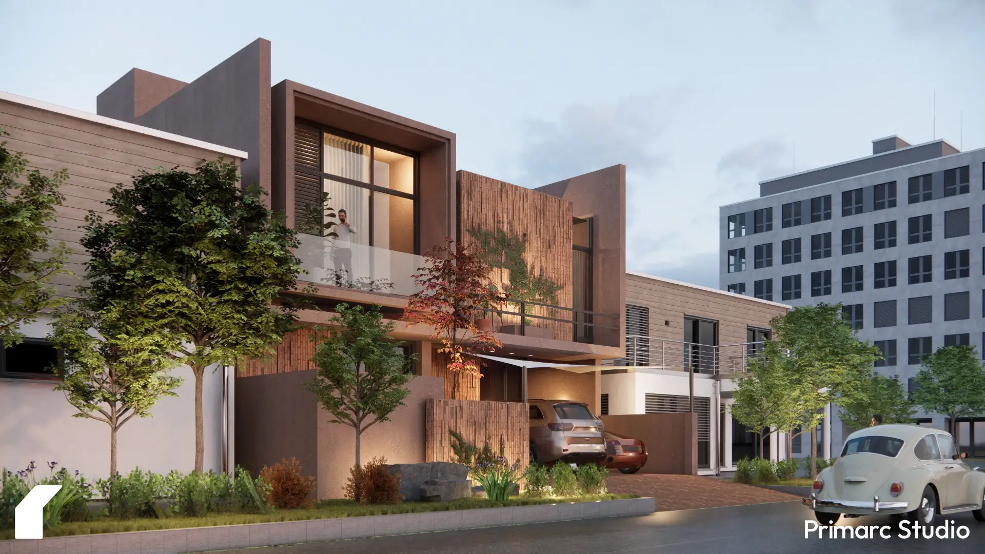 A wider view of the residence within its neighborhood, designed by Primarc Studio with an emphasis on harmony and proportion.