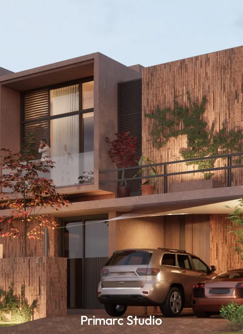 Close-up of balcony design with modern brick textures and planters, highlighting natural materials and minimal geometry.