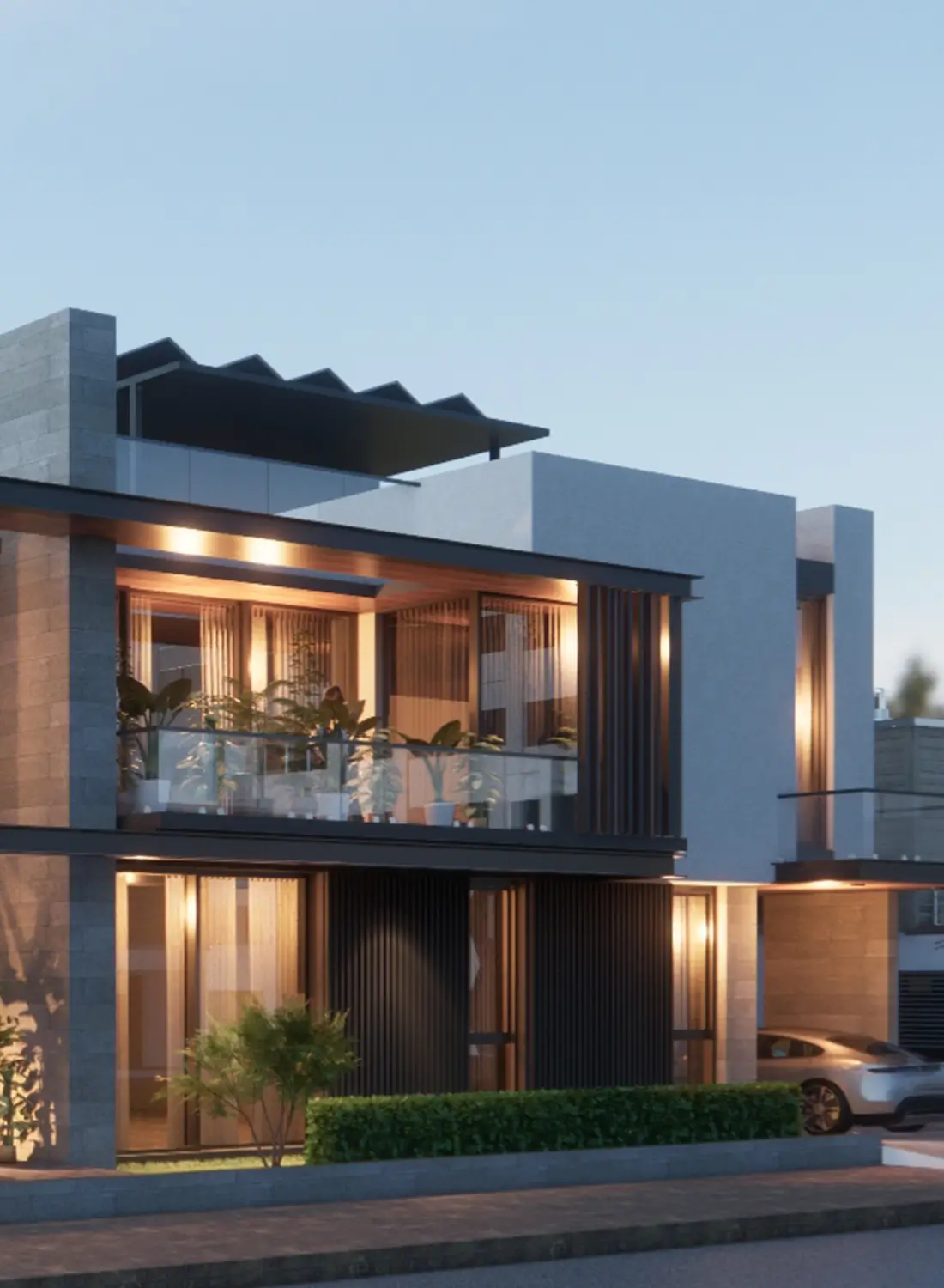 A contemporary modern residence designed by Primarc Studio in Gulberg Residencia, Islamabad. The façade combines clean geometry, warm textures, and natural light.