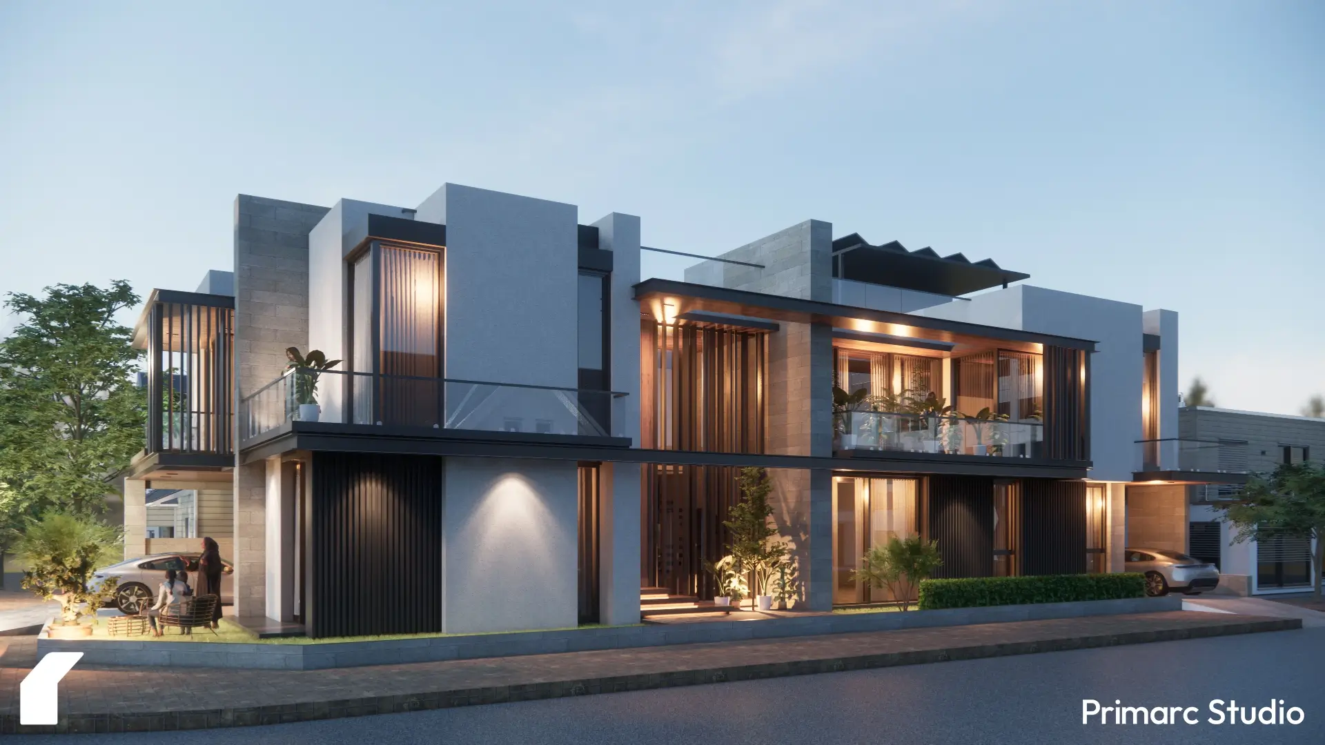 The corner view of this residence highlights its layered composition and material contrasts, bringing warmth and rhythm to the modern form.