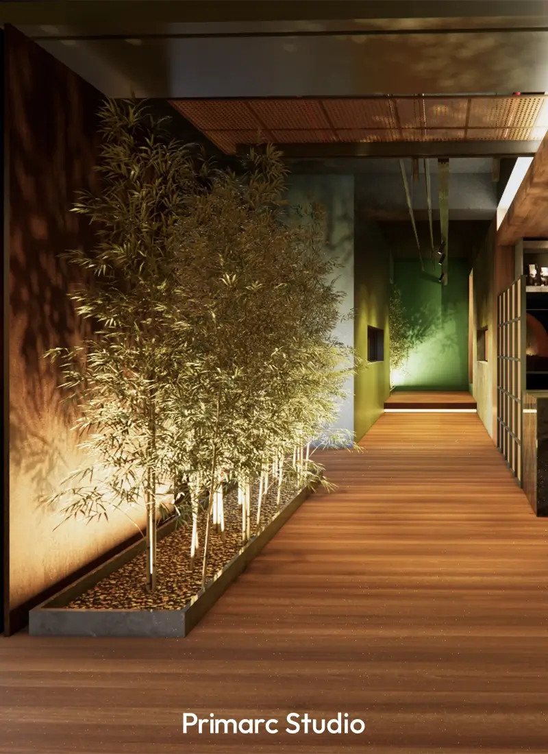 A striking green feature wall at BDK Restaurant introduces a touch of biophilia into the dining space, enriching the ambiance with texture, depth, and natural calm.